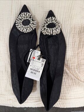 Zara Black Pointed Toe Flats with Crystal Brooch